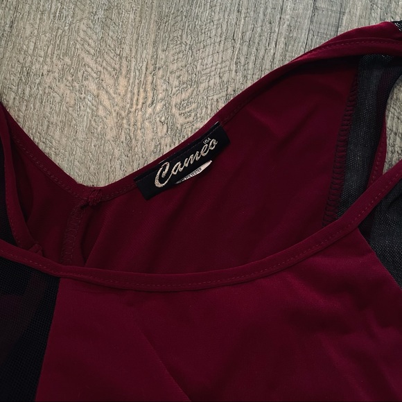 Dark red dress with black mesh details. - Picture 3 of 6